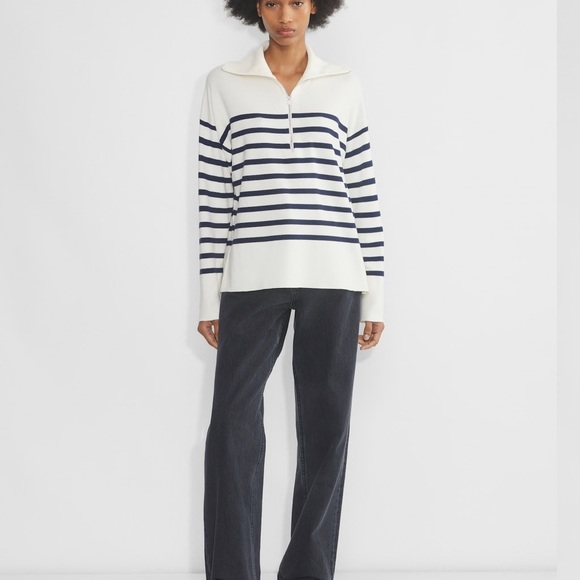 Babaton Sweaters - Babaton 2XS Cream and Navy Striped Merino Wool Sweater Preppy Quiet Luxury Soft